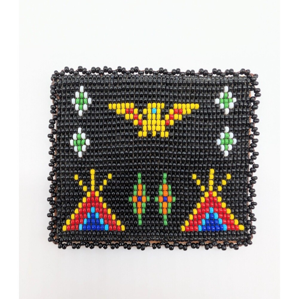 Black Seed Bead Leather Pouch Coin Purse Bird Teepee Southwestern Boho Handmade